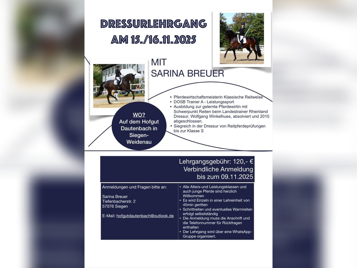 DRESSURLEHRGANG bei Pferdewirtschaftsmeisterin Sarina Breuer DRESSURLEHRGANG bei Pferdewirtschaftsmeisterin Sarina Breuer