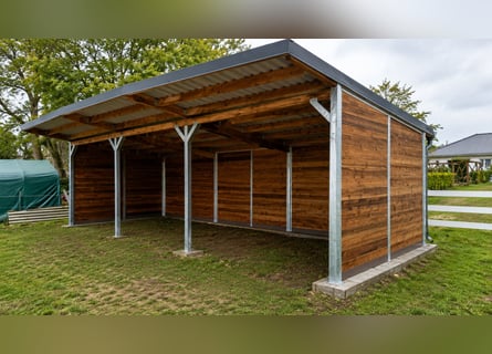 Establo para caballos - refugio para caballos, refugio para pastoreo, construcción de paddock abiert