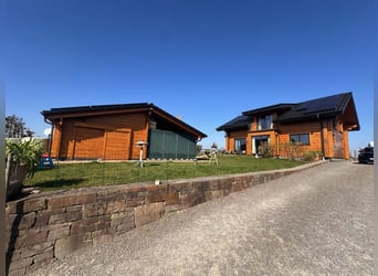 Modernes Holzblockhaus mit Offenstall in schöner Aussichtslage