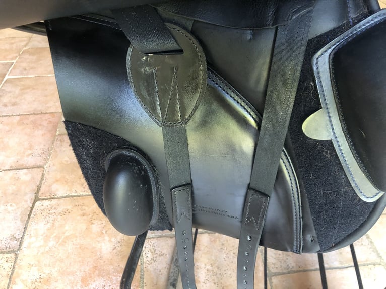SELLE PRESTIGE CUIR BOVIN LISSE NOIR, LISERE BLEU