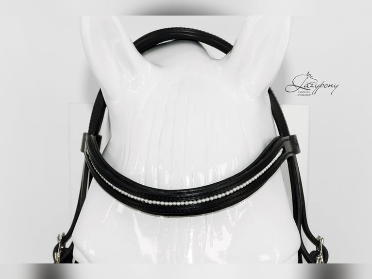 Frontalera de perlas blancas de cuero Lazypony / White pearl leather browband Lazypony