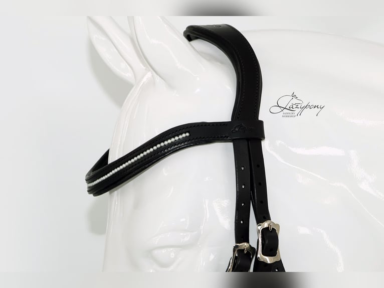 Frontalera de perlas blancas de cuero Lazypony / White pearl leather browband Lazypony