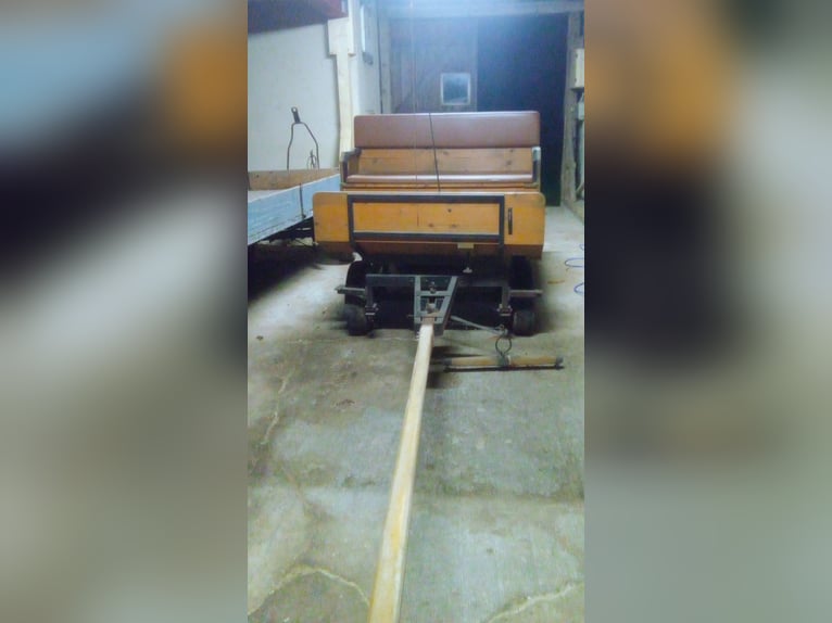 Carriage, horse-drawn carriage, padded bench seat, and transport platform
