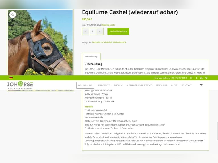  Equilume Cashel Light Mask Pferd, inkl. extra Austauschcup, NEUWERTIG