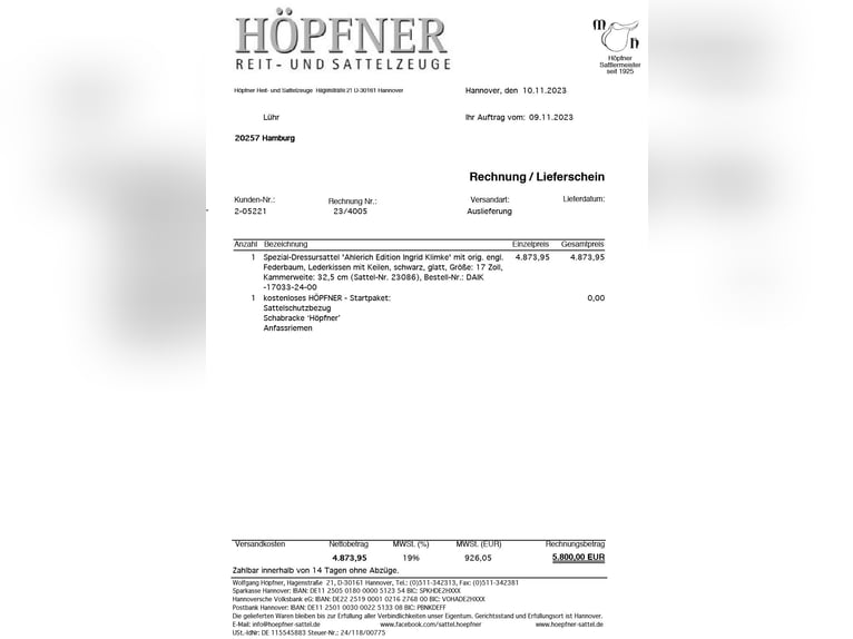Dressursattel HÖPFNER : Ahlerich Edit. Ingrid Klimke : 17 Zoll / 33 KW (neuwertig)