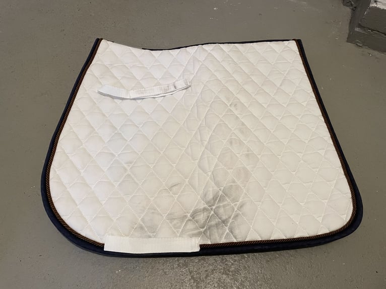 Weiße Dressurschabracke von Equest mit dunkelblauer Kordel