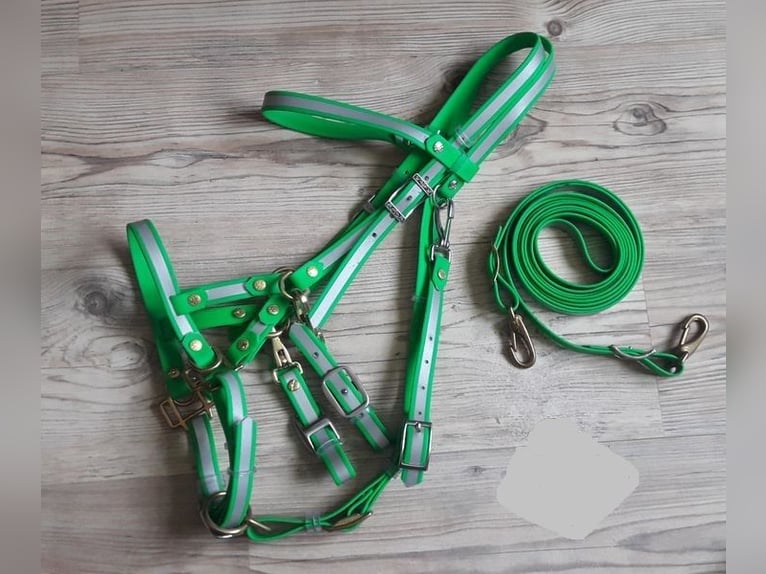 Beta Biothane REFLEX neon grün 3in1 Sidepull Wanderreittrense Halfter, Zügel 3,20m