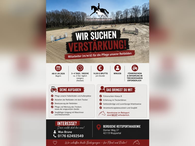 🚜 Minijob in Wuppertal – Mitarbeiter (m/w/d) für die Pflege unserer Reitböden gesucht!