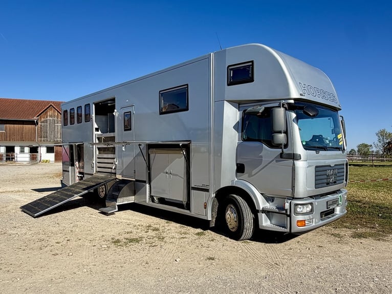 MAN 15.280 Gimmel Trasporto Cavalli con Alloggio, WC e Doccia, Furgone per 5 Cavalli, Casella da Tor