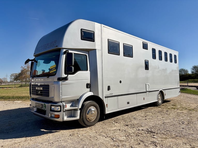 MAN 15.280 Gimmel paardentransporter met woonruimte, toilet en douche, voor 5 paarden, zijaanbouw me