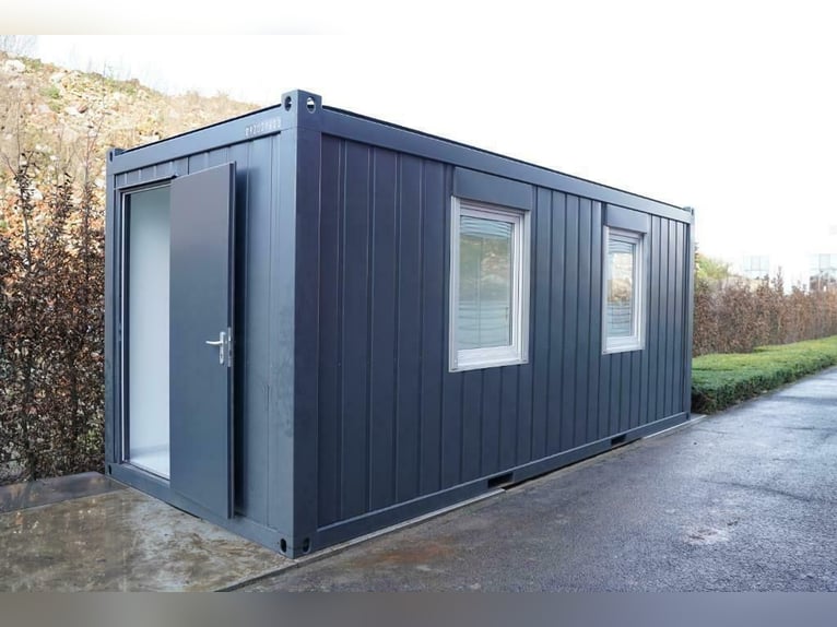 Modulaire kantoorcontainer met zijdeur – exterieur- en interieuraanzicht